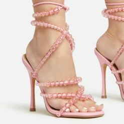 EGO Daya Lace Up Beaded Strap Detail Square Toe Stiletto Heel In Pink Faux Leather -EGO Sales Store 20 01 23 fw acc53017 sq