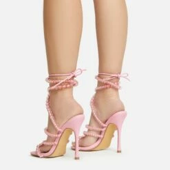EGO Daya Lace Up Beaded Strap Detail Square Toe Stiletto Heel In Pink Faux Leather -EGO Sales Store 20 01 23 fw acc53018 sq
