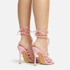 EGO Daya Lace Up Beaded Strap Detail Square Toe Stiletto Heel In Pink Faux Leather -EGO Sales Store 20 01 23 fw acc53019 sq