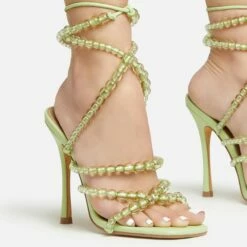 EGO Daya Lace Up Beaded Strap Detail Square Toe Stiletto Heel In Green Faux Leather -EGO Sales Store 20 01 23 fw acc53021 sq
