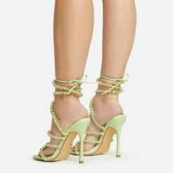 EGO Daya Lace Up Beaded Strap Detail Square Toe Stiletto Heel In Green Faux Leather -EGO Sales Store 20 01 23 fw acc53022 sq