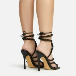 EGO Daya Lace Up Beaded Strap Detail Square Toe Stiletto Heel In Black Faux Leather -EGO Sales Store 20 01 23 fw acc53031 sq