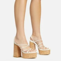 Front Page 49 EGO Buffy Twisted Strap Detail Slingback Cork Platform Block Heel In White Faux Leather