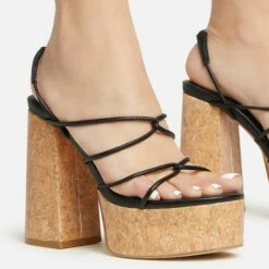 EGO Buffy Twisted Strap Detail Slingback Cork Platform Block Heel In Black Faux Leather -EGO Sales Store 20 01 23 fw acc53045 sq