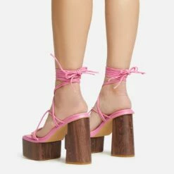 EGO Free-Soul Lace Up Strappy Square Toe Wood Effect Platform Block Heel In Pink Faux Leather -EGO Sales Store 20 01 23 fw acc53052 sq