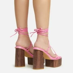 EGO Free-Soul Lace Up Strappy Square Toe Wood Effect Platform Block Heel In Pink Faux Leather -EGO Sales Store 20 01 23 fw acc53053 sq