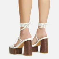EGO Free-Soul Lace Up Strappy Square Toe Wood Effect Platform Block Heel In White Faux Leather -EGO Sales Store 20 01 23 fw acc53057 sq