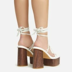 EGO Free-Soul Lace Up Strappy Square Toe Wood Effect Platform Block Heel In White Faux Leather -EGO Sales Store 20 01 23 fw acc53058 sq