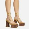 EGO Free-Soul Lace Up Strappy Square Toe Wood Effect Platform Block Heel In Gold Faux Leather -EGO Sales Store 20 01 23 fw acc53059 sq