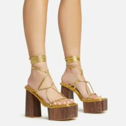 EGO Free-Soul Lace Up Strappy Square Toe Wood Effect Platform Block Heel In Gold Faux Leather