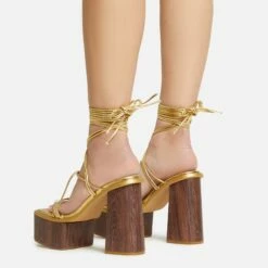 EGO Free-Soul Lace Up Strappy Square Toe Wood Effect Platform Block Heel In Gold Faux Leather -EGO Sales Store 20 01 23 fw acc53061 sq