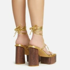 EGO Free-Soul Lace Up Strappy Square Toe Wood Effect Platform Block Heel In Gold Faux Leather -EGO Sales Store 20 01 23 fw acc53062 sq