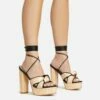 EGO Stacked Lace Up Knotted Strap Detail Peep Toe Wood Effect Platform Block Heel In Black Faux Leather