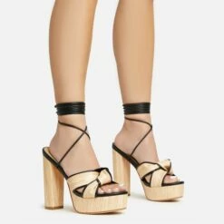 EGO Stacked Lace Up Knotted Strap Detail Peep Toe Wood Effect Platform Block Heel In Black Faux Leather