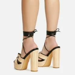 EGO Stacked Lace Up Knotted Strap Detail Peep Toe Wood Effect Platform Block Heel In Black Faux Leather -EGO Sales Store 20 01 23 fw acc53069 sq 1