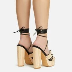 EGO Stacked Lace Up Knotted Strap Detail Peep Toe Wood Effect Platform Block Heel In Black Faux Leather -EGO Sales Store 20 01 23 fw acc53070 sq 1