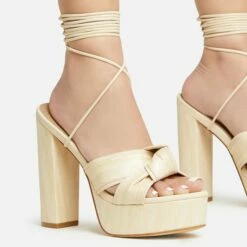 EGO Stacked Lace Up Knotted Strap Detail Peep Toe Wood Effect Platform Block Heel In Beige Faux Leather -EGO Sales Store 20 01 23 fw acc53072 sq