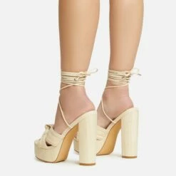 EGO Stacked Lace Up Knotted Strap Detail Peep Toe Wood Effect Platform Block Heel In Beige Faux Leather -EGO Sales Store 20 01 23 fw acc53073 sq