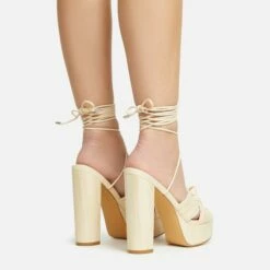 EGO Stacked Lace Up Knotted Strap Detail Peep Toe Wood Effect Platform Block Heel In Beige Faux Leather -EGO Sales Store 20 01 23 fw acc53074 sq