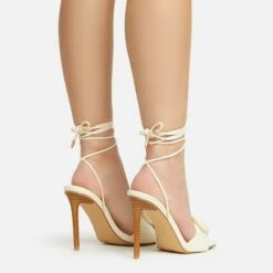 EGO Layla Lace Up Mix Match Buckle Detail Square Toe Stiletto Heel In Cream Linen -EGO Sales Store 20 01 23 fw acc53095 sq