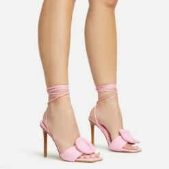EGO Layla Lace Up Mix Match Buckle Detail Square Toe Stiletto Heel In Pink Linen