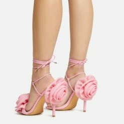 EGO Rosalia Lace Up Knotted Strap 3D Rose Detail Square Toe Stiletto Heel In Pink Faux Leather -EGO Sales Store 20 01 23 fw acc53107 sq