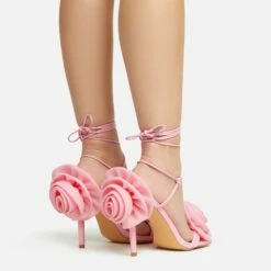 EGO Rosalia Lace Up Knotted Strap 3D Rose Detail Square Toe Stiletto Heel In Pink Faux Leather -EGO Sales Store 20 01 23 fw acc53108 sq