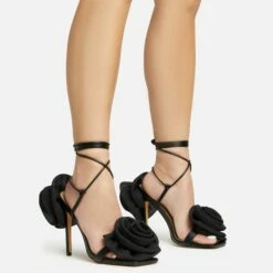 EGO Rosalia Lace Up Knotted Strap 3D Rose Detail Square Toe Stiletto Heel In Black Faux Leather -EGO Sales Store 20 01 23 fw acc53109 sq