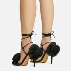 EGO Rosalia Lace Up Knotted Strap 3D Rose Detail Square Toe Stiletto Heel In Black Faux Leather -EGO Sales Store 20 01 23 fw acc53111 sq