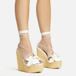 EGO Bloomy Lace Up 3D Flower Detail Woven Platform Wedge Heel In White Faux Leather -EGO Sales Store 20 01 23 fw acc53121 sq