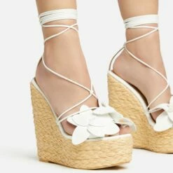 EGO Bloomy Lace Up 3D Flower Detail Woven Platform Wedge Heel In White Faux Leather -EGO Sales Store 20 01 23 fw acc53122 sq