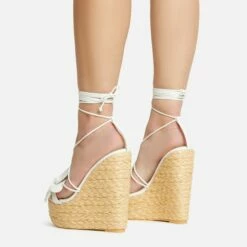EGO Bloomy Lace Up 3D Flower Detail Woven Platform Wedge Heel In White Faux Leather -EGO Sales Store 20 01 23 fw acc53123 sq