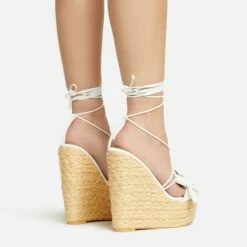 EGO Bloomy Lace Up 3D Flower Detail Woven Platform Wedge Heel In White Faux Leather -EGO Sales Store 20 01 23 fw acc53124 sq