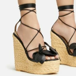 EGO Bloomy Lace Up 3D Flower Detail Woven Platform Wedge Heel In Black Faux Leather -EGO Sales Store 20 01 23 fw acc53130 sq