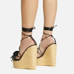 EGO Bloomy Lace Up 3D Flower Detail Woven Platform Wedge Heel In Black Faux Leather -EGO Sales Store 20 01 23 fw acc53131 sq