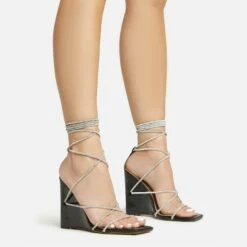 EGO Beggin Lace Up Diamante Strap Detail Square Toe Wedge Heel In Black Faux Leather -EGO Sales Store 20 01 23 fw acc53139 sq