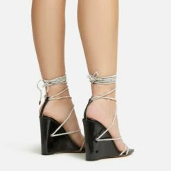 EGO Beggin Lace Up Diamante Strap Detail Square Toe Wedge Heel In Black Faux Leather -EGO Sales Store 20 01 23 fw acc53142 sq