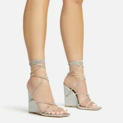 EGO Beggin Lace Up Diamante Strap Detail Square Toe Wedge Heel In Silver Faux Leather -EGO Sales Store 20 01 23 fw acc53143 sq