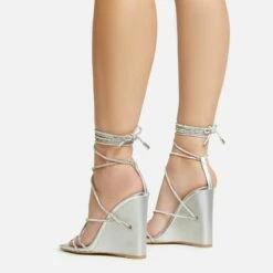 EGO Beggin Lace Up Diamante Strap Detail Square Toe Wedge Heel In Silver Faux Leather -EGO Sales Store 20 01 23 fw acc53145 sq