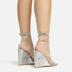 EGO Beggin Lace Up Diamante Strap Detail Square Toe Wedge Heel In Silver Faux Leather -EGO Sales Store 20 01 23 fw acc53146 sq