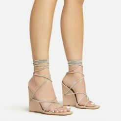 EGO Beggin Lace Up Diamante Strap Detail Square Toe Wedge Heel In Nude Faux Leather -EGO Sales Store 20 01 23 fw acc53147 sq