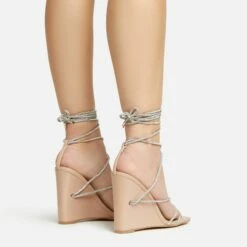 EGO Beggin Lace Up Diamante Strap Detail Square Toe Wedge Heel In Nude Faux Leather -EGO Sales Store 20 01 23 fw acc53150 sq