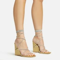 EGO Beggin Lace Up Diamante Strap Detail Square Toe Wedge Heel In Gold Faux Leather -EGO Sales Store 20 01 23 fw acc53151 sq