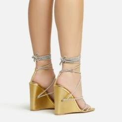 EGO Beggin Lace Up Diamante Strap Detail Square Toe Wedge Heel In Gold Faux Leather -EGO Sales Store 20 01 23 fw acc53154 sq