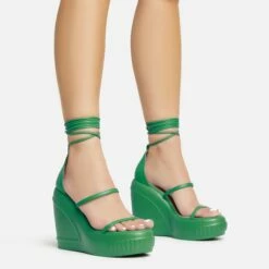 EGO Beach-Side Lace Up Strappy Platform Wedge Heel In Green Faux Leather And Rubber