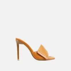 EGO Plush Velcro Strap Detail Square Peep Toe Stiletto Heel Mule In Tan Brown Faux Leather -EGO Sales Store 20 01 23 fw acc53170 sq