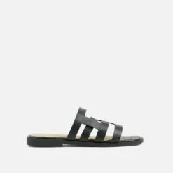EGO Milli Caged Detail Flat Slider Sandal In Black Croc Print Faux Leather -EGO Sales Store 20 01 23 fw acc53182 sq