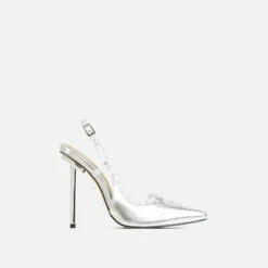 EGO Cruela Lace Up Bow Diamante Stud Detail Pointed Toe Slingback Metallic Stiletto Heel In Silver Faux Leather -EGO Sales Store 20 01 23 fw acc53209 sq