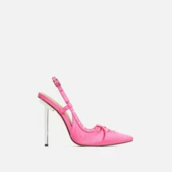 EGO Cruela Lace Up Bow Diamante Stud Detail Pointed Toe Slingback Metallic Stiletto Heel In Pink Satin -EGO Sales Store 20 01 23 fw acc53212 rt