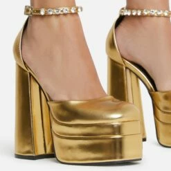 EGO So-Scandalous Diamante Strap Closed Square Toe Extreme Platform Block Heel In Gold Metallic Faux Leather -EGO Sales Store 20 07 227163 1